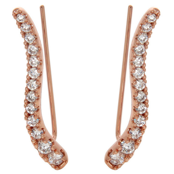 Rose Gold Plated Sterling Silver Cubic Zirconia Wave Ear Climber Earrings