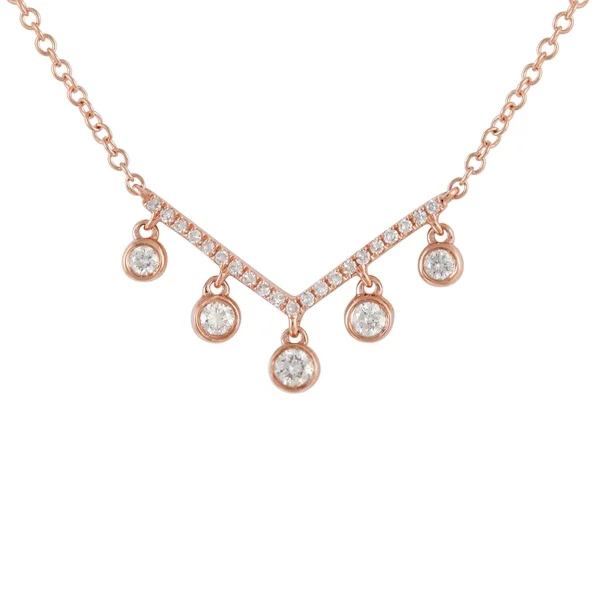 Rose Gold Plated Sterling Silver V Shaped Dangle Cubic Zirconia Necklace