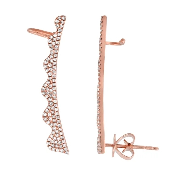 Rose Gold Plated Sterling Silver Cubic Zirconia Curved Wave Climber Stud Earrings