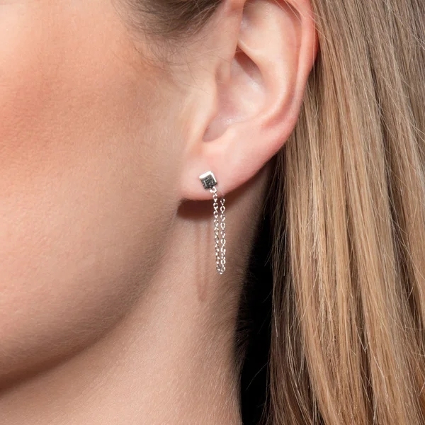 New Design Sterling Silver Square Stud with Hanging Chain Earrings