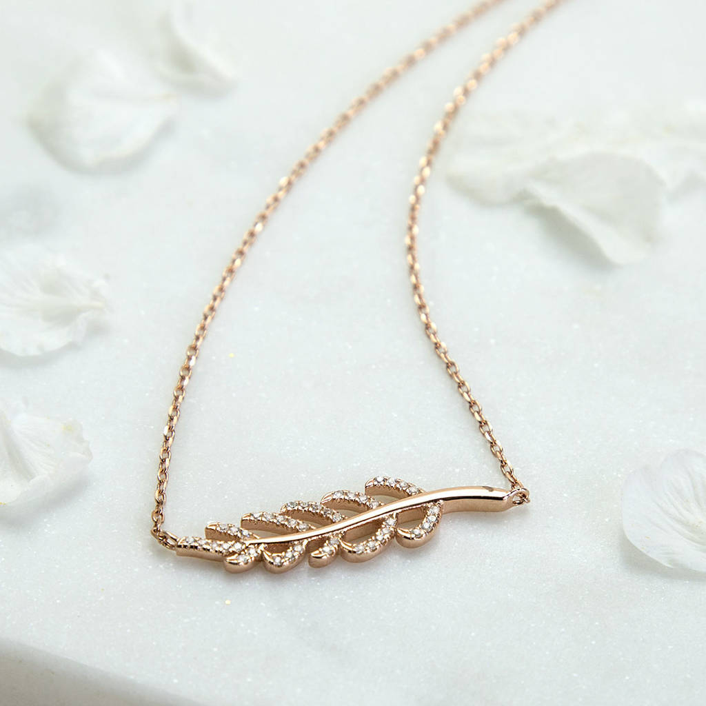 Sterling Silver Cubic Zirconia Pave Fern Necklace and Climber Earrings