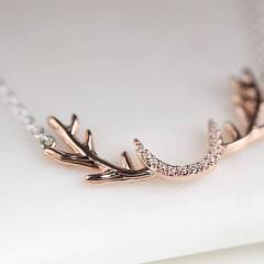 Rose Gold Stag Antler Necklace and Earrings Set in 925 Sterling Silver