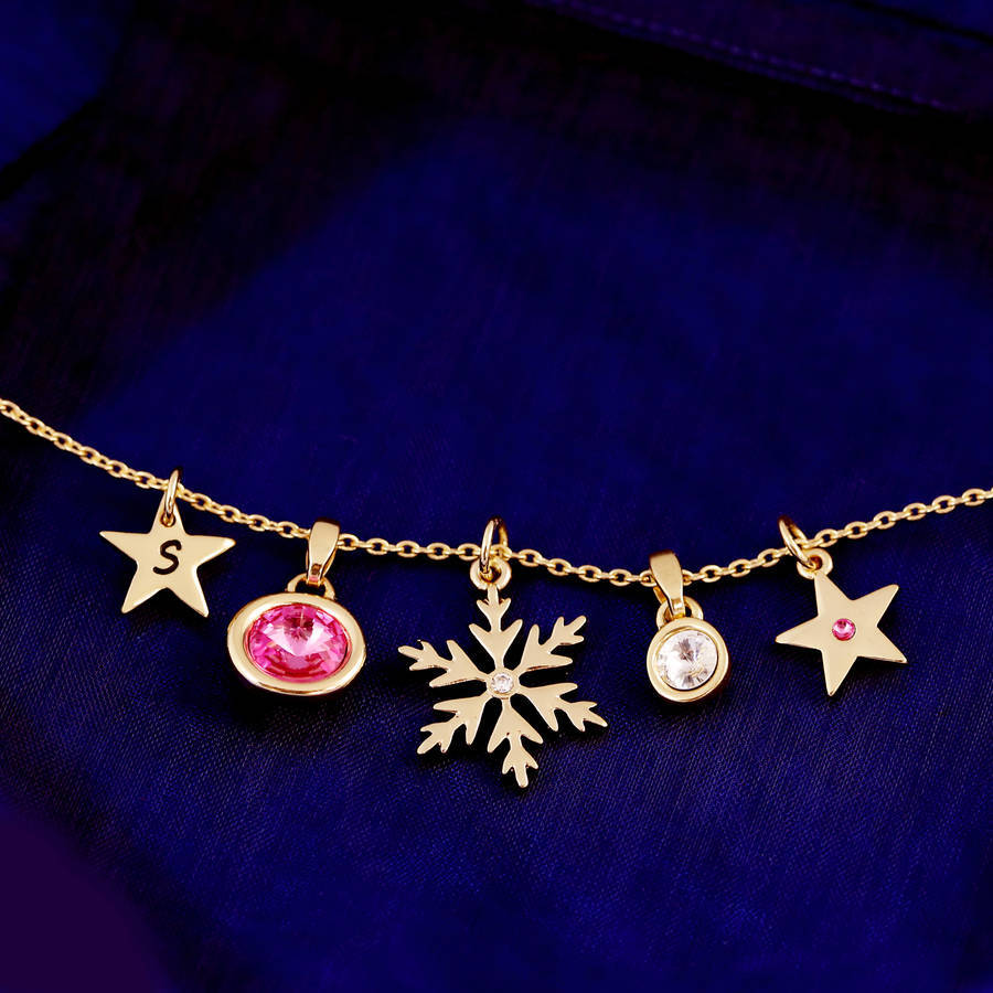 Design Your Own Christmas Birthstone Snowflake Charm Necklace in 925 Silver