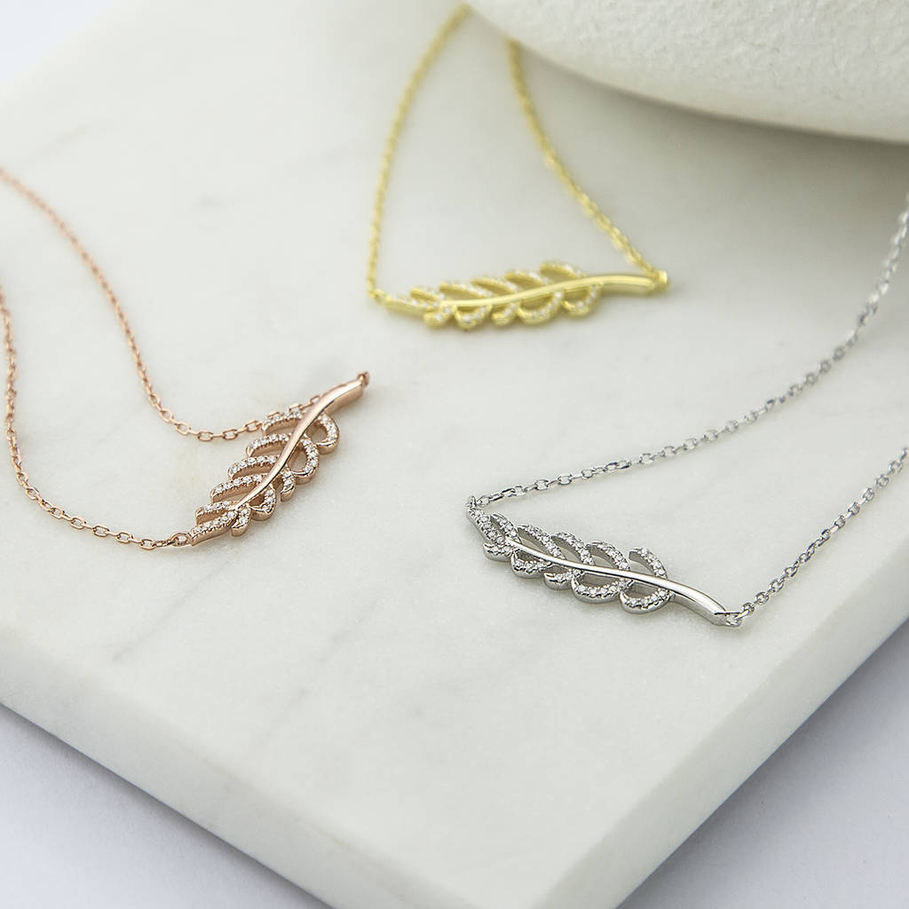 Sterling Silver Cubic Zirconia Pave Fern Necklace and Climber Earrings