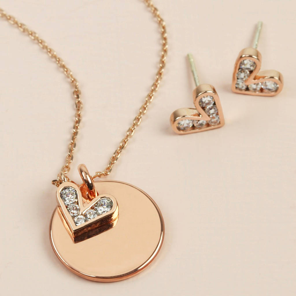 Rose Gold Plated Sterling Silver CZ Heart and Disc Charms Necklace