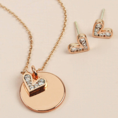 Rose Gold Plated Sterling Silver CZ Heart and Disc Charms Necklace