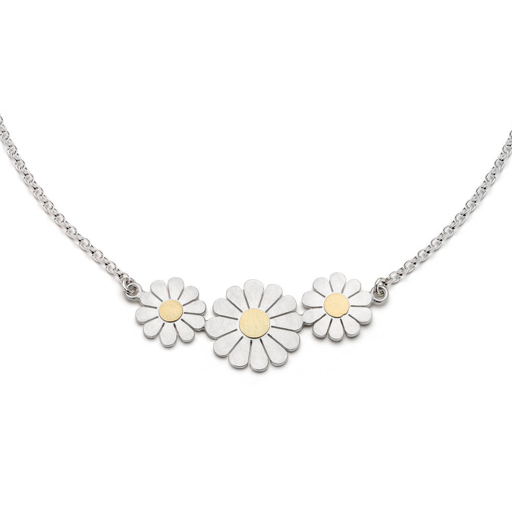 Sterling Silver Daisy Trio Necklace in Solid Silver and 18K Gold