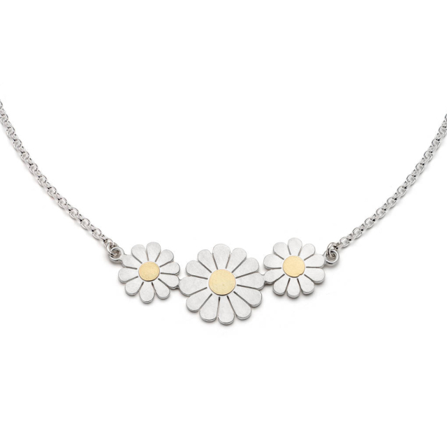 Sterling Silver Daisy Trio Necklace in Solid Silver and 18K Gold