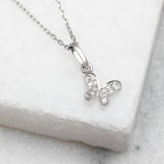 White Gold Sterling Silver Pave Set CZ Butterfly Necklace