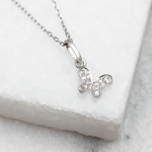 White Gold Sterling Silver Pave Set CZ Butterfly Necklace