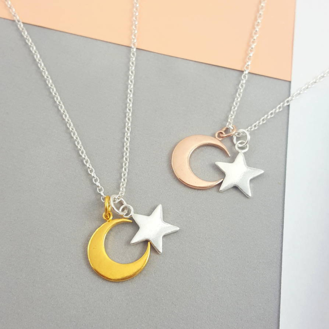 Two Tone Plated Sterling Silver Moon and Star Charms Necklace