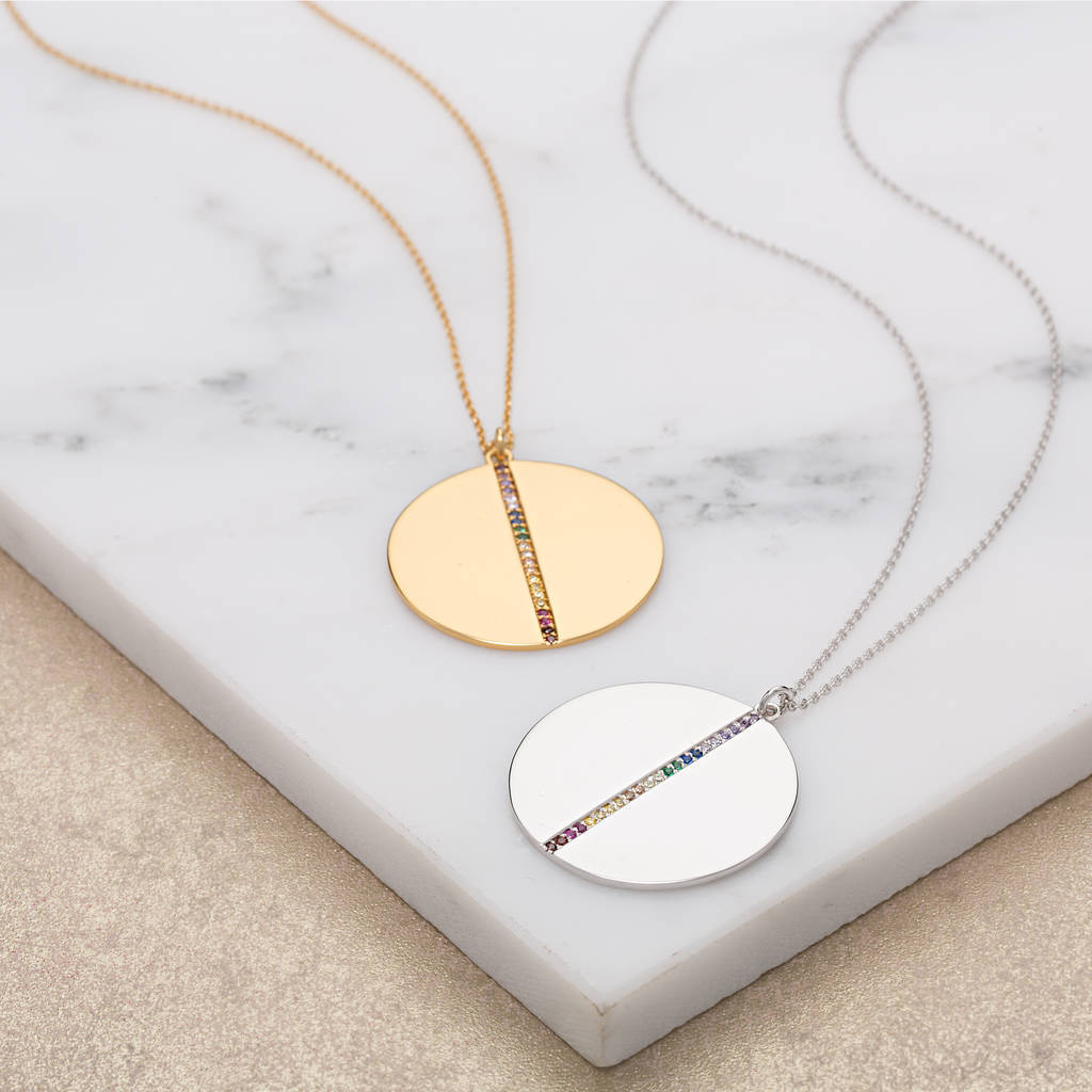 Sterling Silver Cubic Zirconia Rainbow Disc Necklace