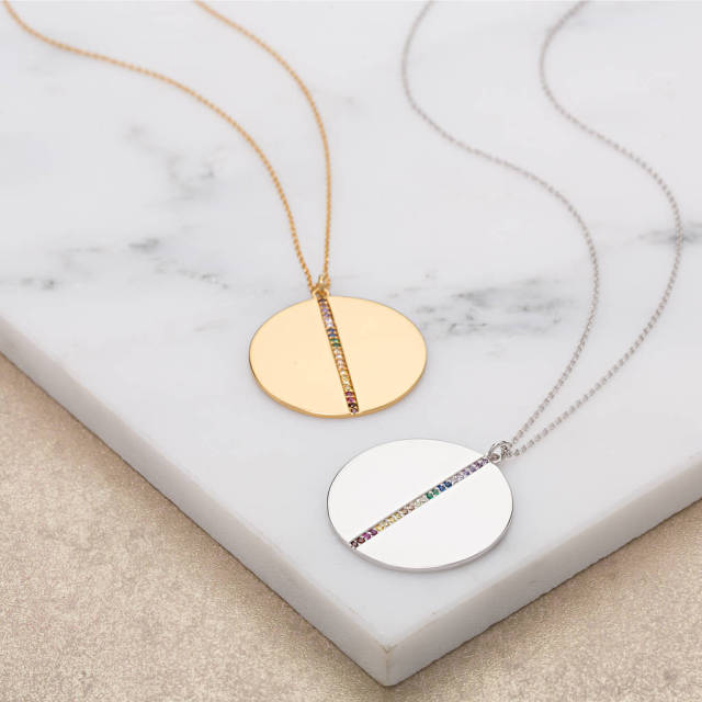 Sterling Silver Cubic Zirconia Rainbow Disc Necklace