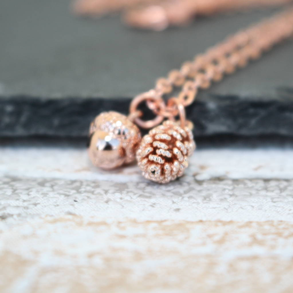Sterling Silver Rose Gold Acorn and Pine Cone Necklace