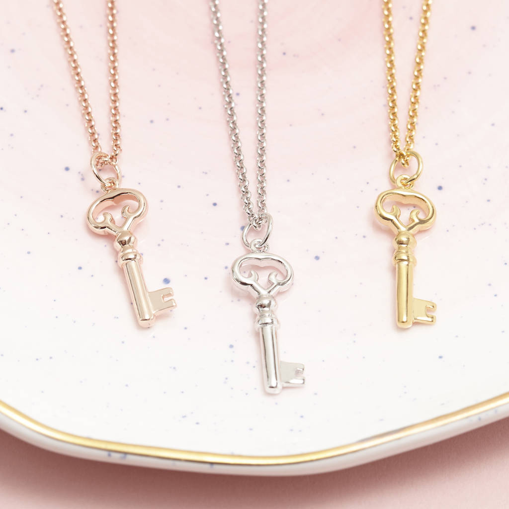 Sterling Silver Key Necklace for Ambition in Silver Gold or Pink