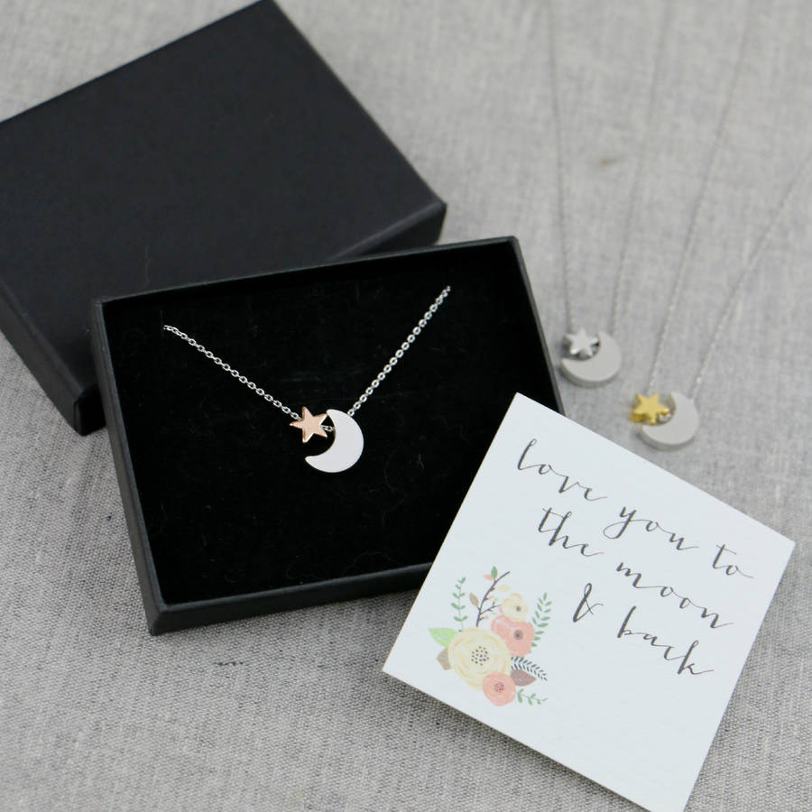 Sterling Silver Two Tone Moon and Star Necklace