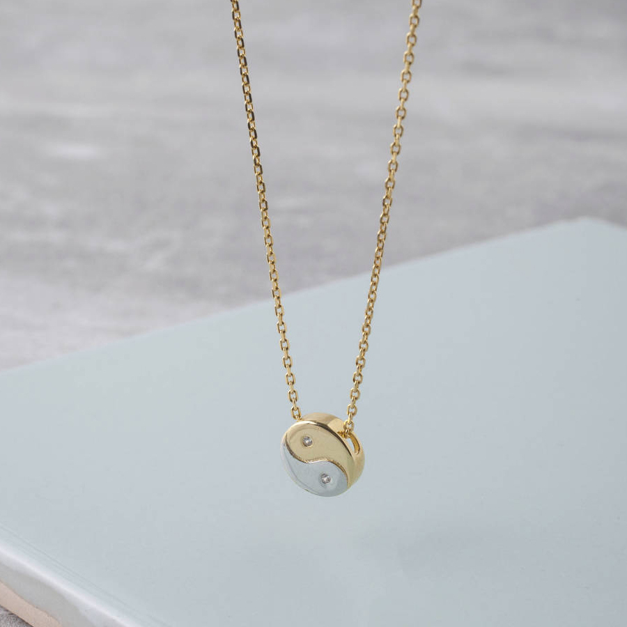 925 Sterling Silver Two Tone Plated CZ Yin and Yang Necklace