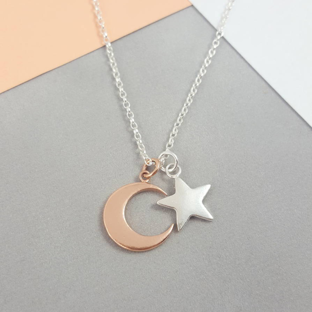 Two Tone Plated Sterling Silver Moon and Star Charms Necklace