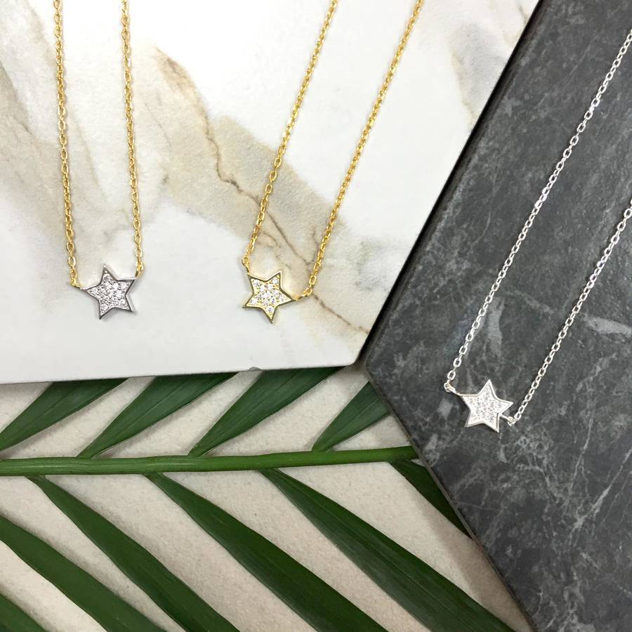 Sterling Silver Pave Set CZ Mini Star Necklace