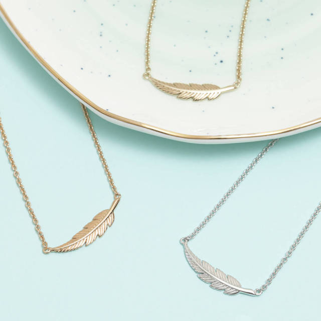 Fine Jewelry Sterling Silver Feather Necklace in Silver, Gold or Rose for Gift