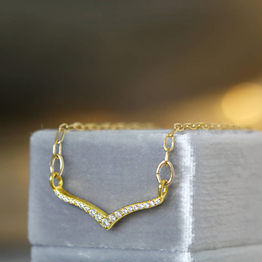 14K Gold Over Cubic Zirconia Wishbone Necklace