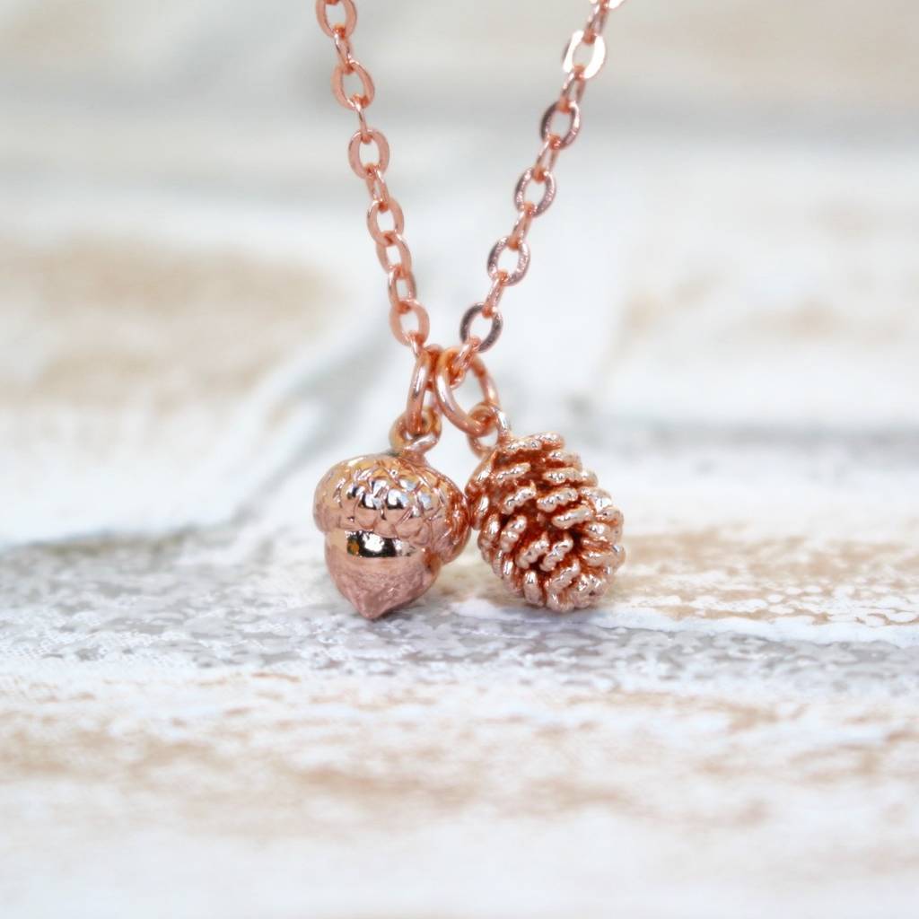 Sterling Silver Rose Gold Acorn and Pine Cone Necklace