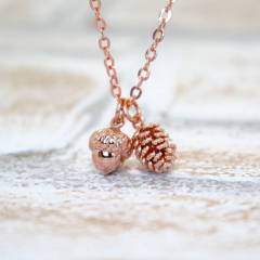 Sterling Silver Rose Gold Acorn and Pine Cone Necklace