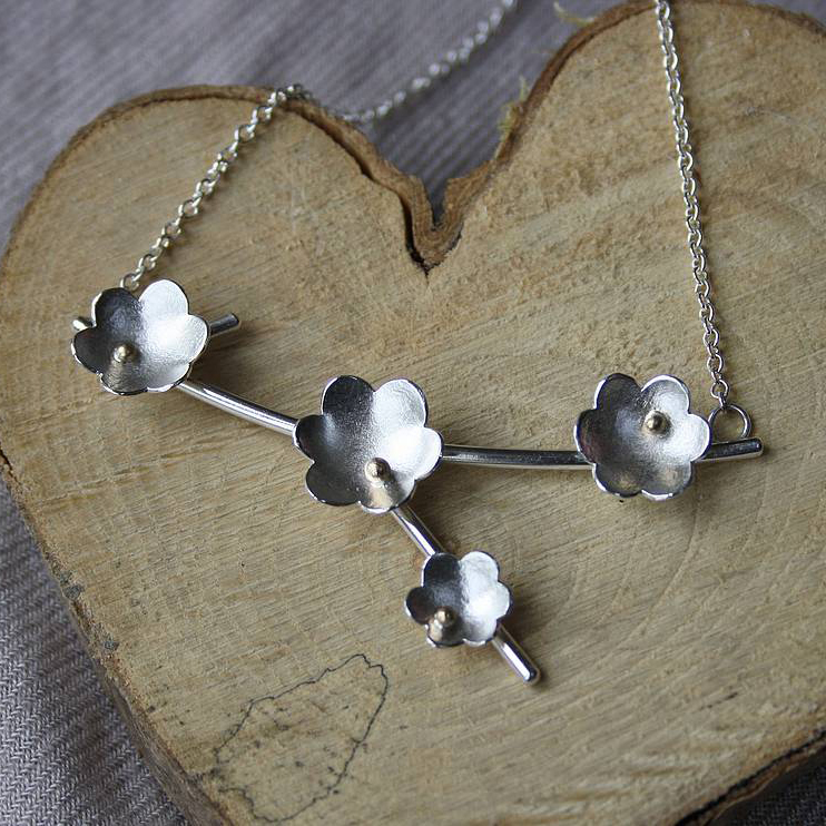 Handmade Sterling Silver Buttercup Flower Branch Necklace