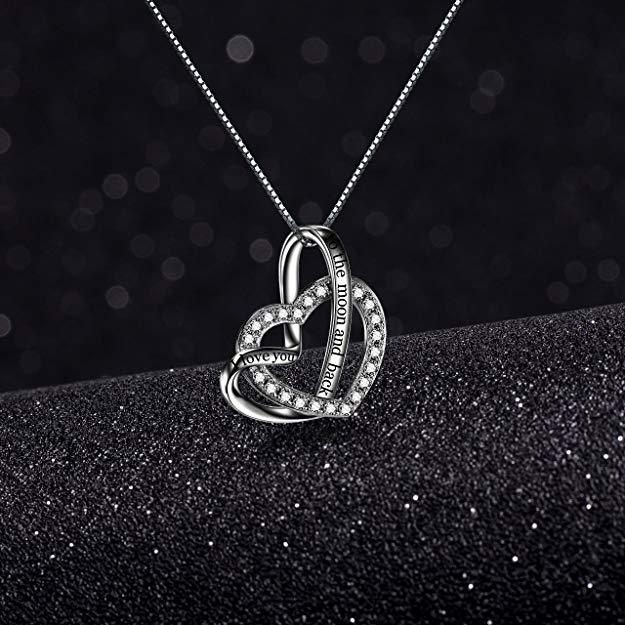 Sterling Silver I Love You to the Moon and Back Heart Cubic Zirconia Necklace for Women