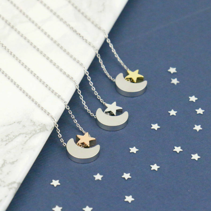 Sterling Silver Two Tone Moon and Star Necklace
