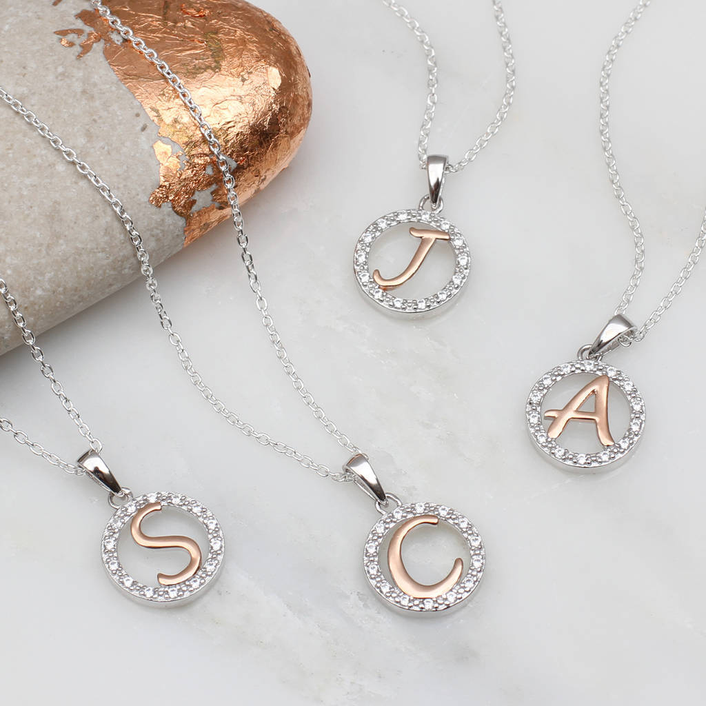 Two Tone Rose Gold Sterling Silver Cubic Zirconia Initial Circle Pendant Necklace
