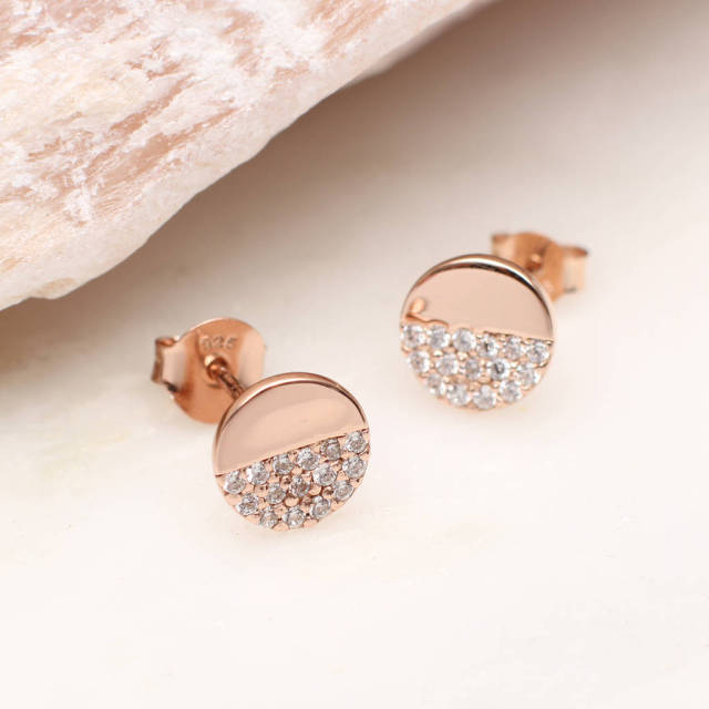 Sterling Silver Rose Gold Pave Set CZ Disc Necklace