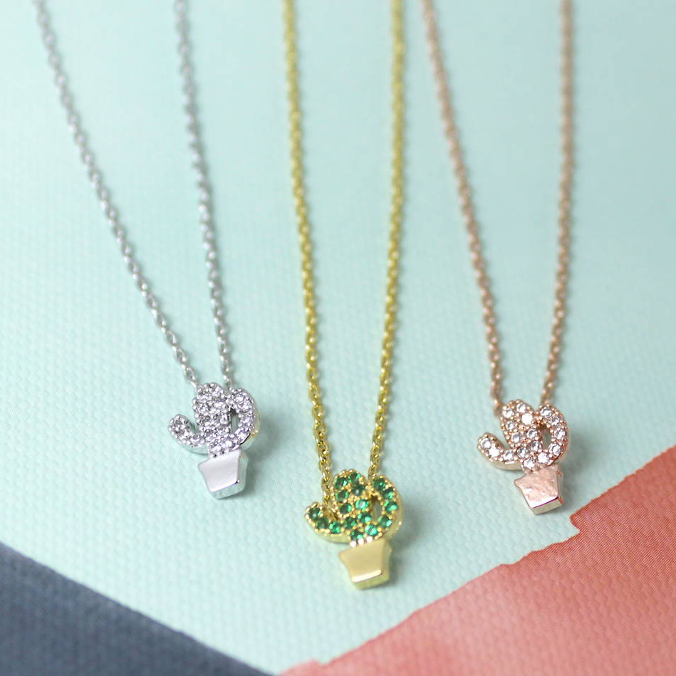Sterling Silver Cubic Zirconia Cactus Plant Necklace