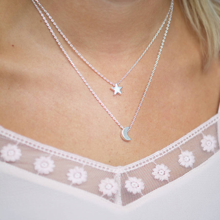 Fashion Jewelry Sterling Silver Moon and Star Layered Necklace