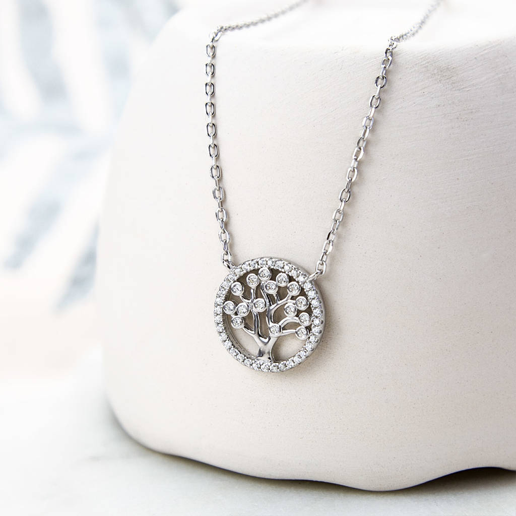Deliate Design Sterling Silver Pave Set CZ Circle Tree Necklace