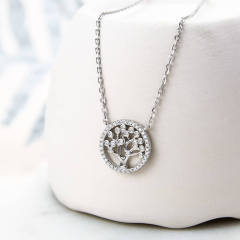 Deliate Design Sterling Silver Pave Set CZ Circle Tree Necklace