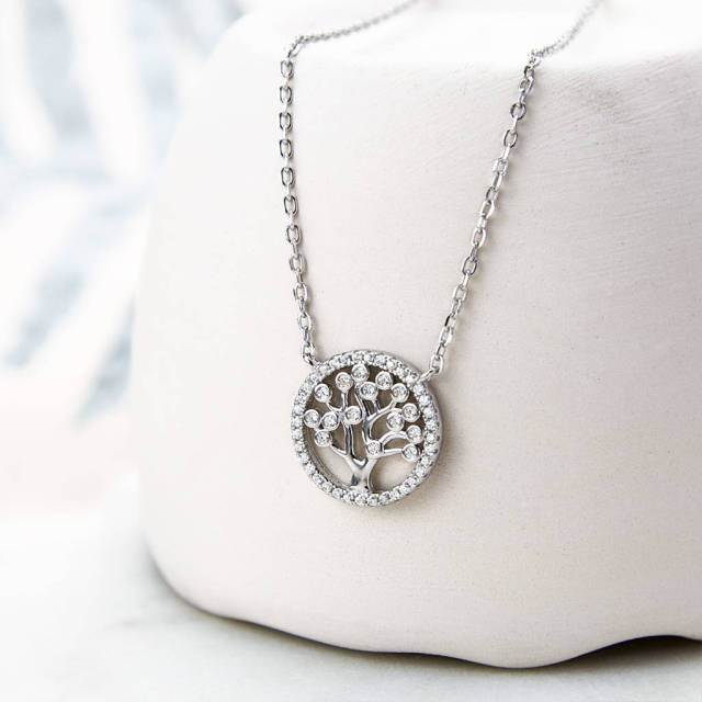 Deliate Design Sterling Silver Pave Set CZ Circle Tree Necklace