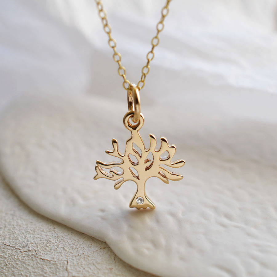 14K Gold Plated Tree Necklace with Cubic Zirconia