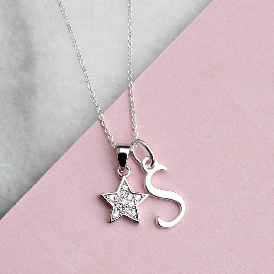 Sterling Silver Cubic Zirconia Pave Satr and Initial Charms Necklace