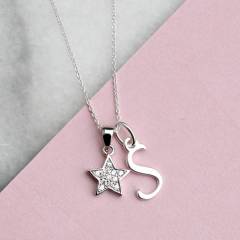 Sterling Silver Cubic Zirconia Pave Satr and Initial Charms Necklace