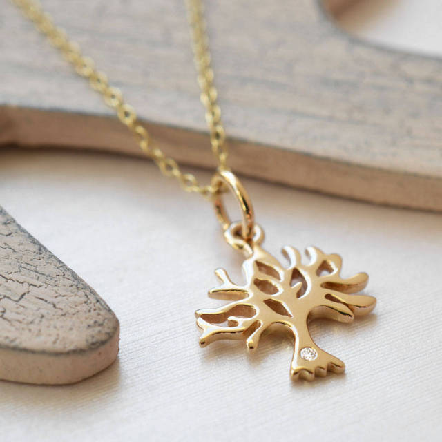 14K Gold Plated Tree Necklace with Cubic Zirconia