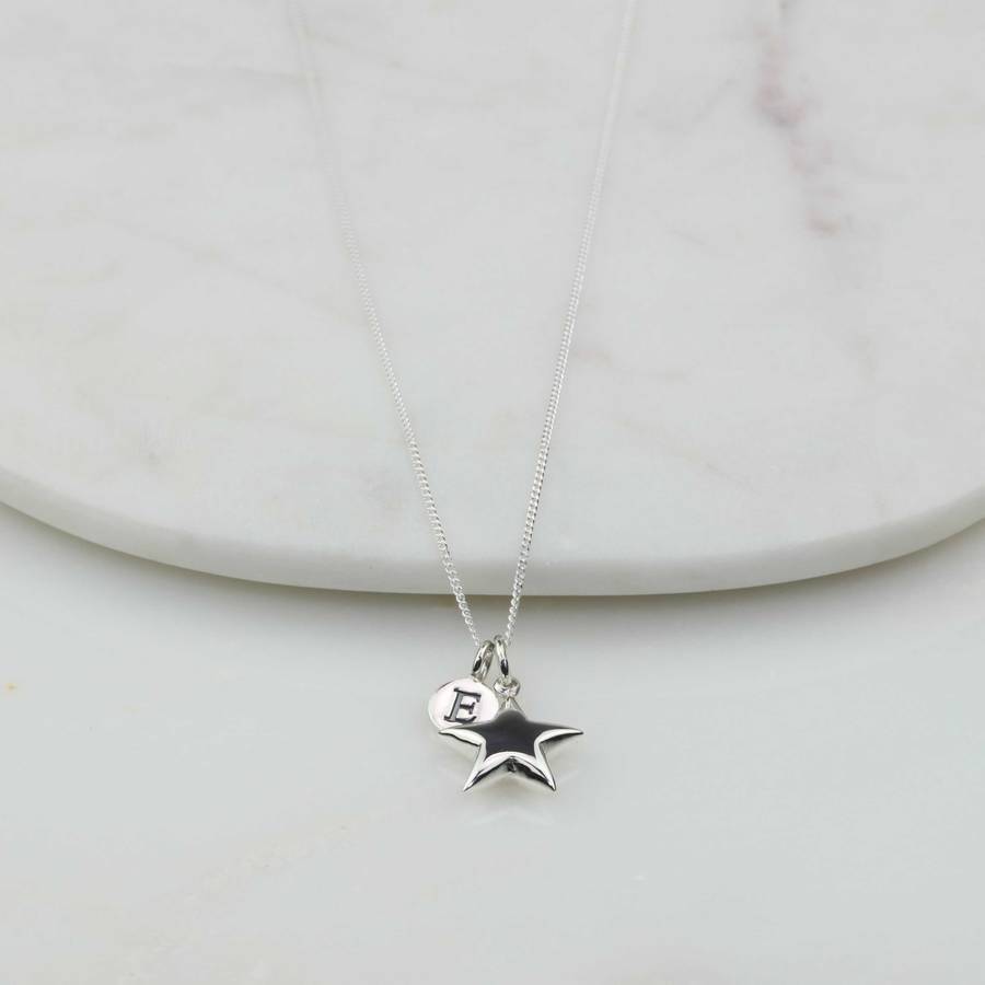 Personalised Min Disc with Letter and Shining Star Necklace in 925 Silver