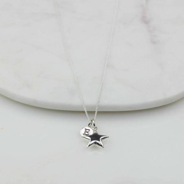 Personalised Min Disc with Letter and Shining Star Necklace in 925 Silver