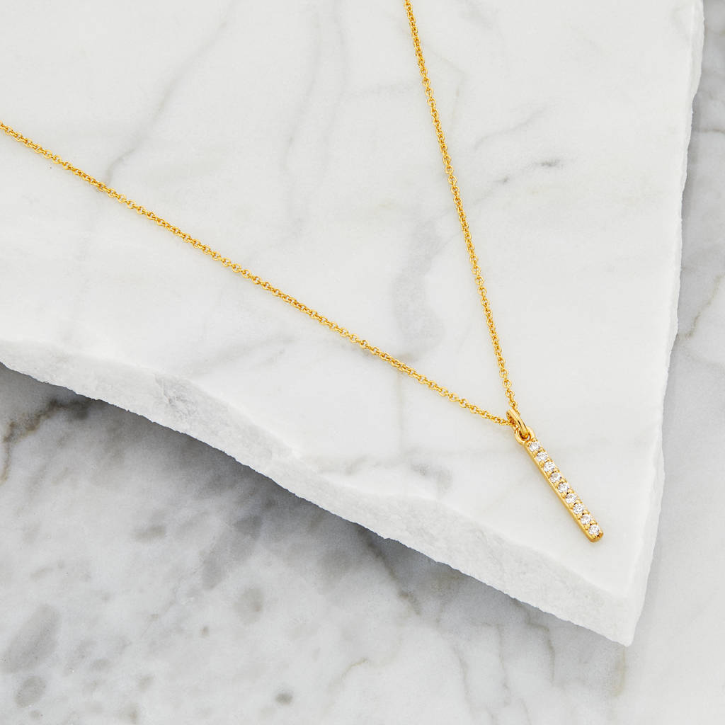 Sterling Silver or Gold Cubic Zirconia Drop Bar Necklace