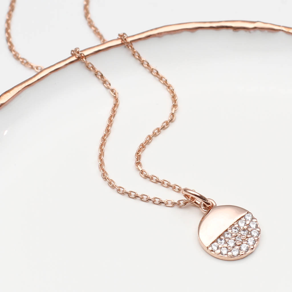 Sterling Silver Rose Gold Pave Set CZ Disc Necklace