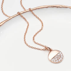Sterling Silver Rose Gold Pave Set CZ Disc Necklace