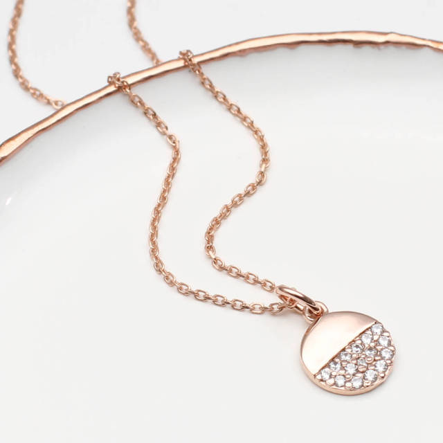 Sterling Silver Rose Gold Pave Set CZ Disc Necklace