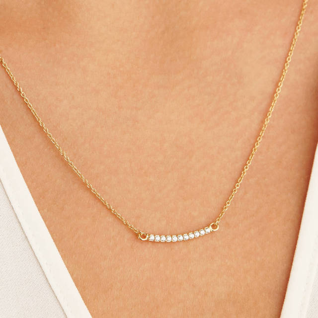 Gold or Silver Cubic Zirconia Style Pave Bar Necklace in 925 Silver