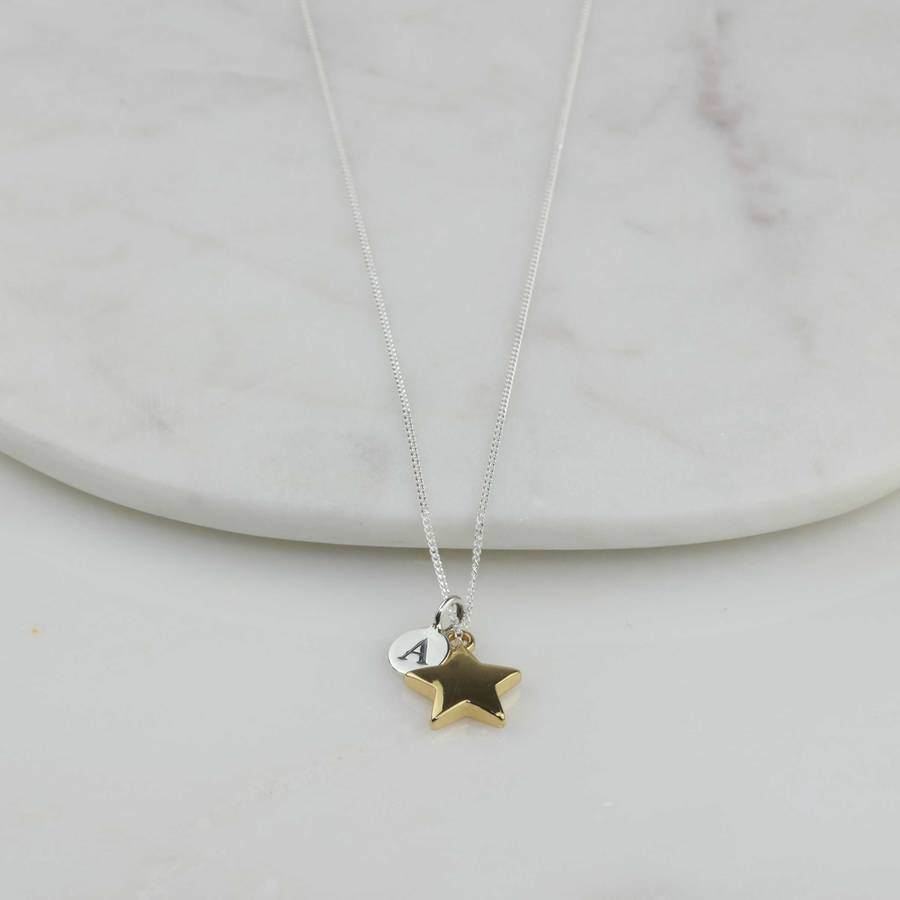 Personalised Min Disc with Letter and Shining Star Necklace in 925 Silver