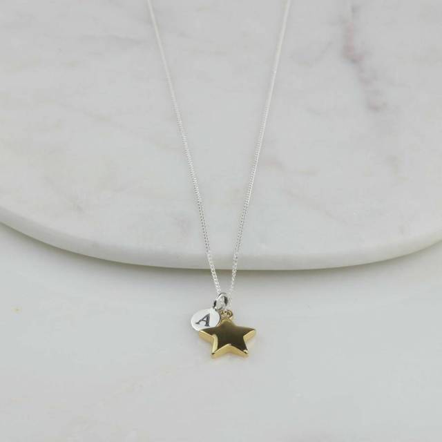 Personalised Min Disc with Letter and Shining Star Necklace in 925 Silver